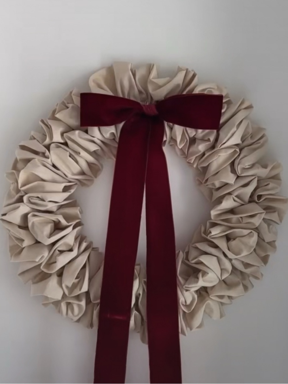 Handmade Cream Holiday Wreath with Burgundy Bow